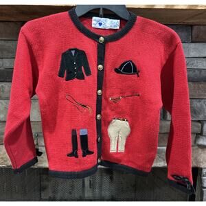Girls HARTSTRINGS Red Equestrian Cardigan Sweater Size 7/8 Gold Buttons *D4